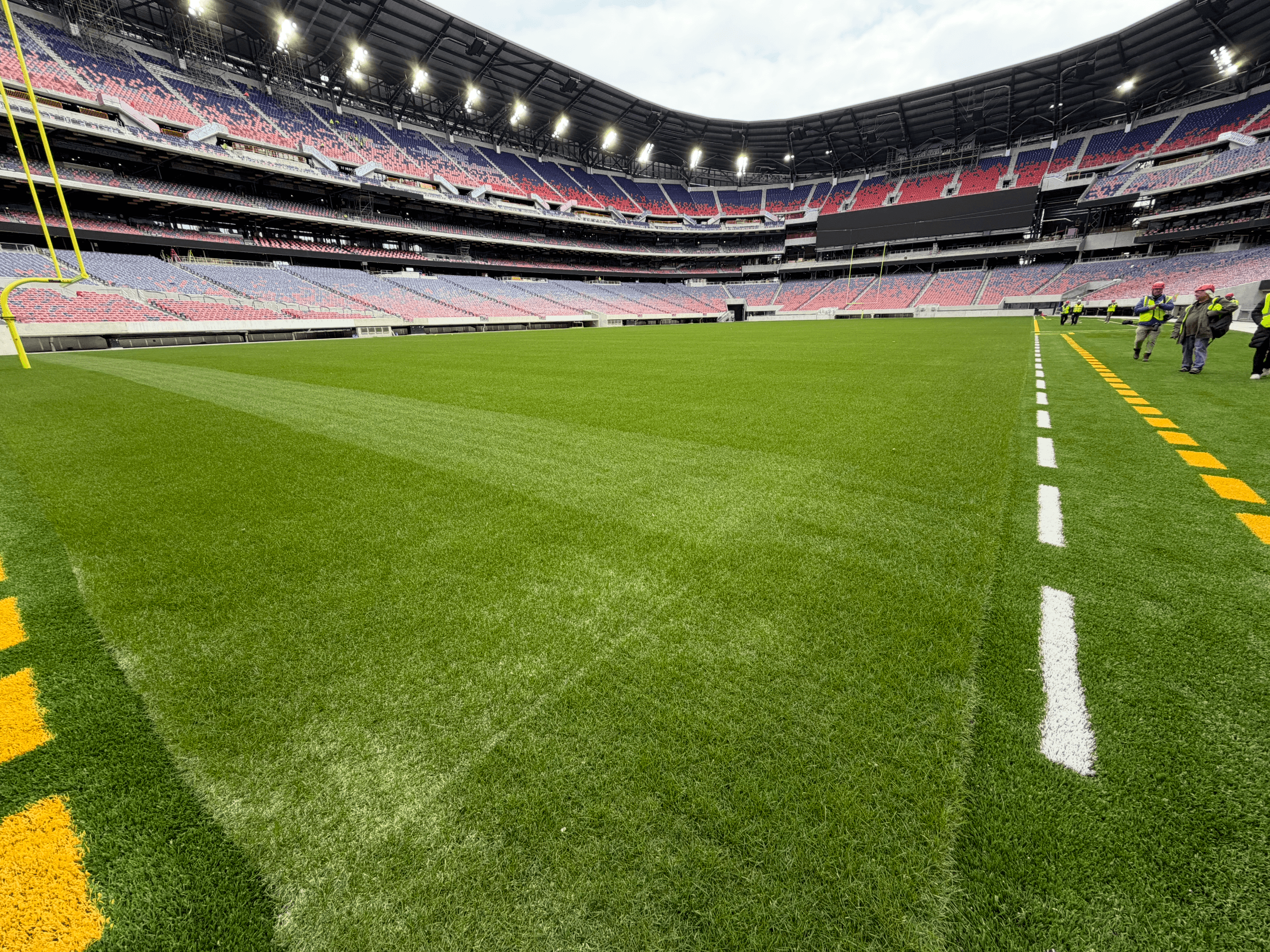Field-level view from the corner of the end zone of the Bills' new stadium.